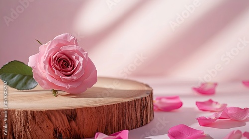 Wooden podium with pink rose and petals to demonstrate products, cosmetics and gifts. Valentine, mother day and women day concept with generative ai