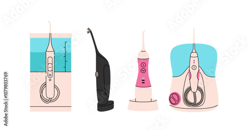 Oral hygiene care products. Dental cleaning tools vector illustration. Electrical oral irrigator. Brushing teeth equipment for caries prevention. Colorful set isolated on a white background