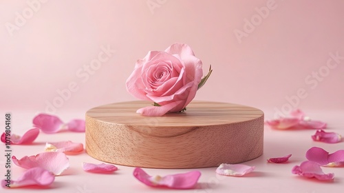 Wooden podium with pink rose and petals to demonstrate products, cosmetics and gifts. Valentine, mother day and women day concept with generative ai