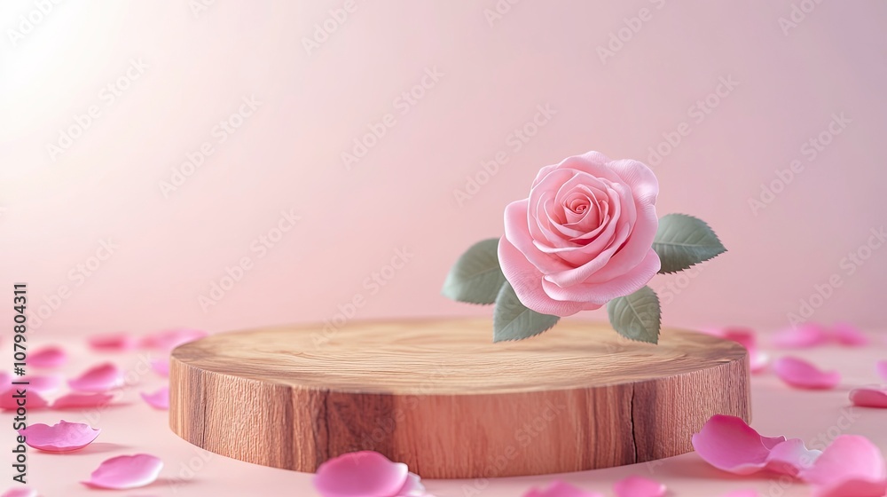 Wooden podium with pink rose and petals to demonstrate products, cosmetics and gifts. Valentine, mother day and women day concept with generative ai Wooden podium with pink rose and petals to demonstrate products, cosmetics and gifts. Valentine, mother day and women day concept with generative ai