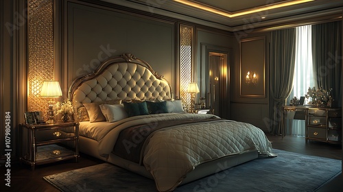 An upscale bedroom with quilted bedding, mirrored nightstands, metallic accents, and subtle, soft lighting, creating a sophisticated, opulent retreat --ar 16:9