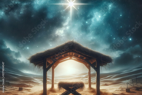 Nativity Scene - Birth Of Jesus Christ With Manger In Snowy Night And Starry Sky