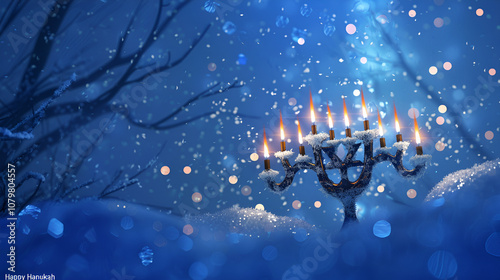 Happy Hanukkah in elegant 3D blue letters with a lit menorah against a dark snowy backdrop winter warmth copy space photo