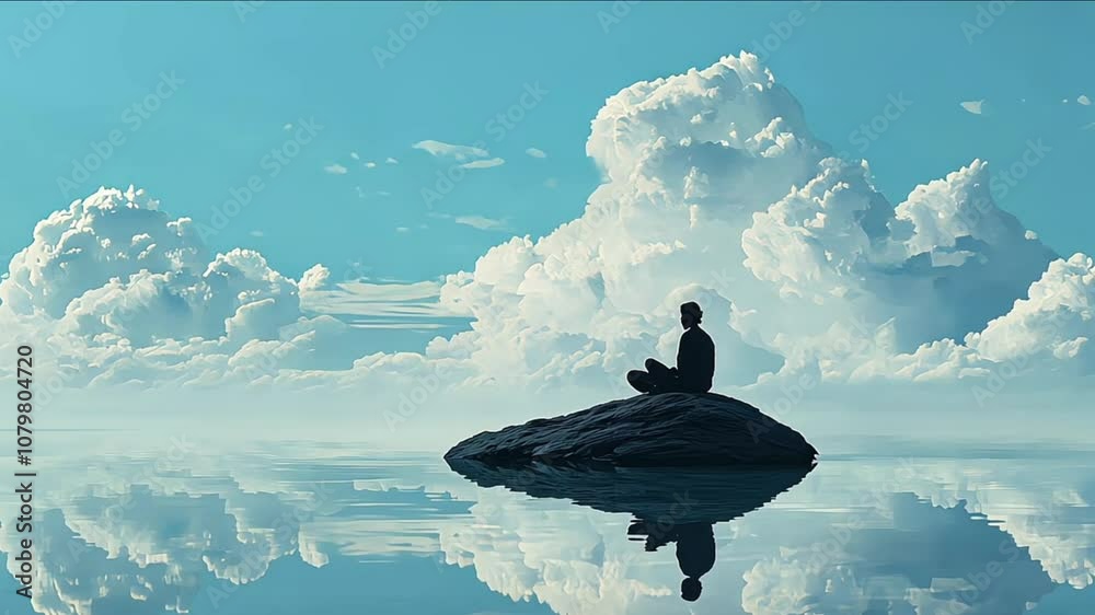 Person meditates on rock in serene water surrounded by tranquility Person meditates on rock in serene water surrounded by tranquility