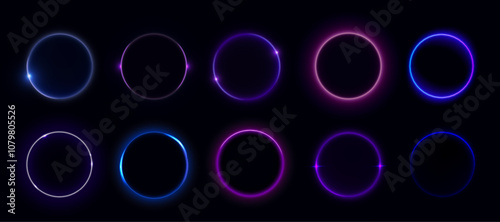 Solar eclipse circles showing moon covering sun on dark background. Glowing purple neon rings with bright luminous effects capture celestial phenomenon. Radiant circular shapes of astronomical event.