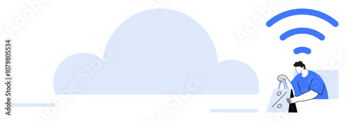 Cloud icon centered with wireless signal and person holding shopping bags on right. Ideal for e-commerce, cloud computing, wireless technology, digital marketing, retail, internet services, remote