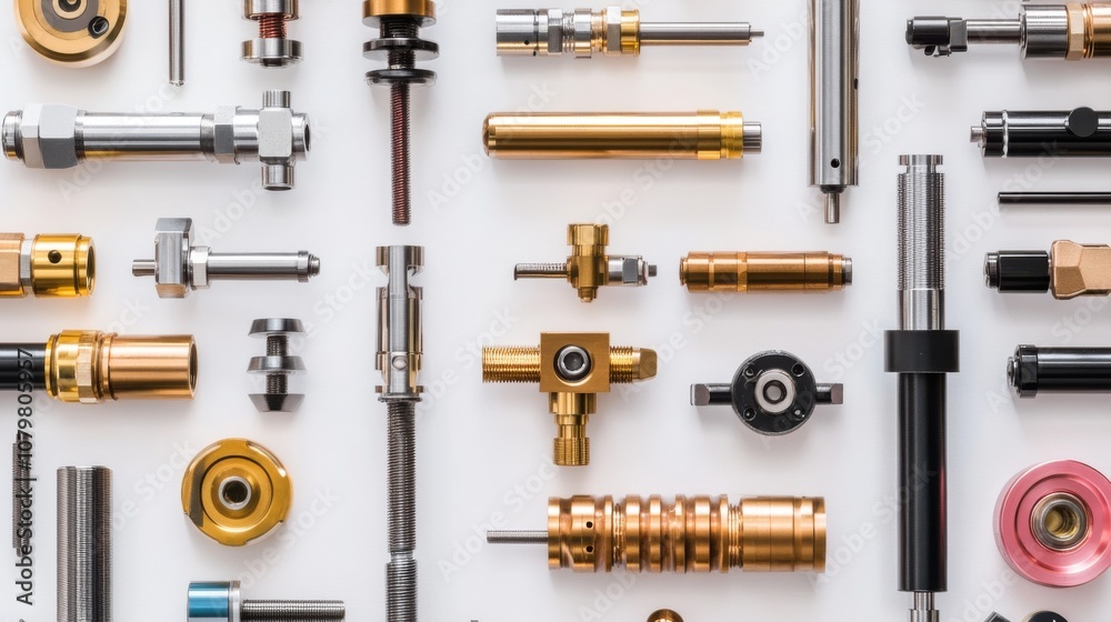 Variety of precision engineering components arranged on white background. Variety of precision engineering components arranged on white background.