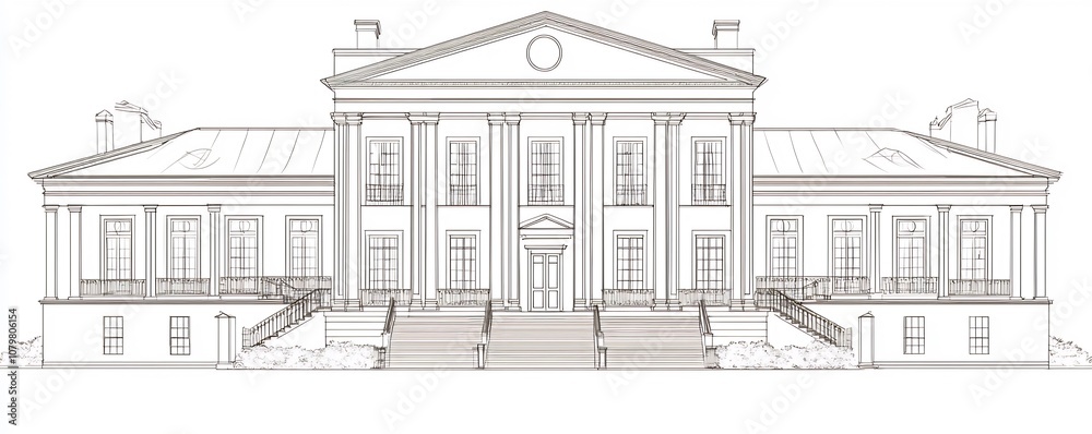 Elegant Colonial Mansion with Symmetrical Architecture and Porch Columns in Minimalist Line Drawing Concept Elegant Colonial Mansion with Symmetrical Architecture and Porch Columns in Minimalist Line Drawing Concept