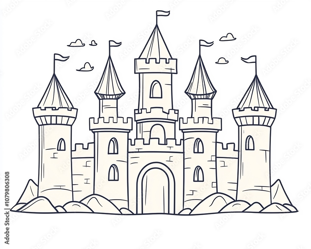 Minimalist Outline of Enchanting Medieval Castle with Turrets and Battlements Minimalist Outline of Enchanting Medieval Castle with Turrets and Battlements