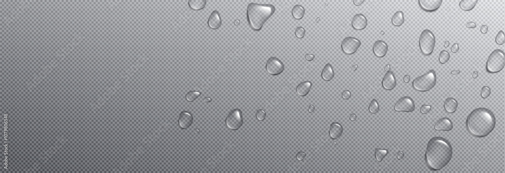 Water droplet on glass background. Rain drop transparent texture on window isolated png. Realistic condensation bubble splash on surface 3d bg. Abstract clean moisture or serum waterdrop fall view