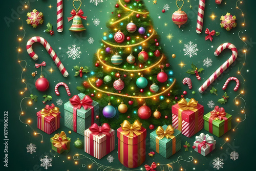 Green Christmas background with fir branches and decorations. with copyspace