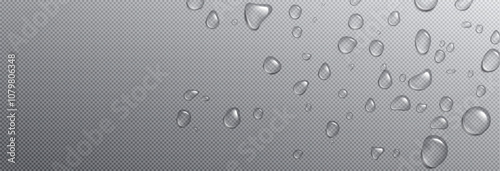 Water droplet on glass background. Rain drop transparent texture on window isolated png. Realistic condensation bubble splash on surface 3d bg. Abstract clean moisture or serum waterdrop fall view