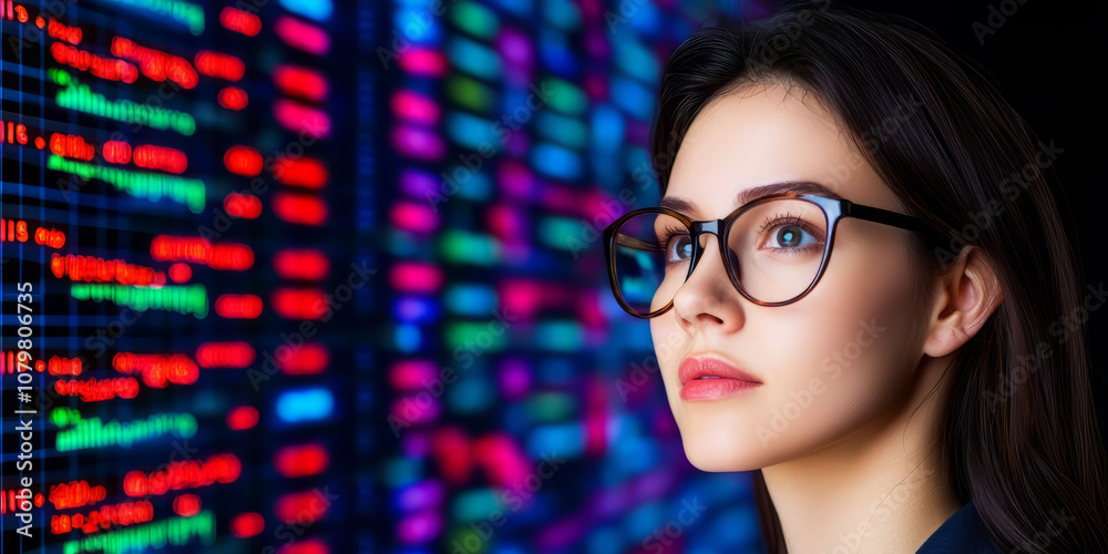 Business woman analyzing interactive 3D data in real time, focused Business woman analyzing interactive 3D data in real time, focused