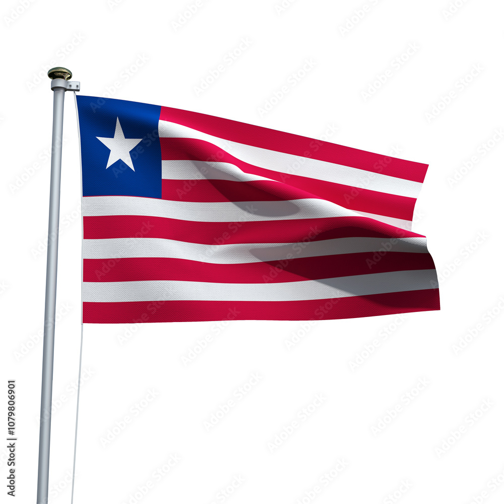 Obraz premium Liberia flag on a pole waving isolated on white background