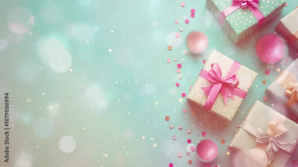 Colorful Gift Boxes Tied with Ribbons on Blue Background. Seamless looping motion design. Video animation. A vibrant collection of gift boxes wrapped with colorful paper and ribbons, set against blue