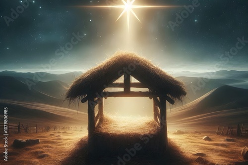 Nativity Scene - Birth Of Jesus Christ With Manger In Snowy Night And Starry Sky
