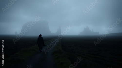 The image shows a dark and ominous landscape, featuring a lone figure walking down a narrow path. The person is dressed in a long coat and appears to be moving away from the viewer. The scene is shrou photo