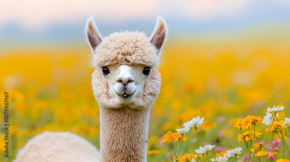 Cute animal fluffy cuddly and mischievous concept. A charming alpaca stands amid a vibrant field of flowers, showcasing its fluffy coat and curious expression in a picturesque setting. Cute animal fluffy cuddly and mischievous concept. A charming alpaca stands amid a vibrant field of flowers, showcasing its fluffy coat and curious expression in a picturesque setting.