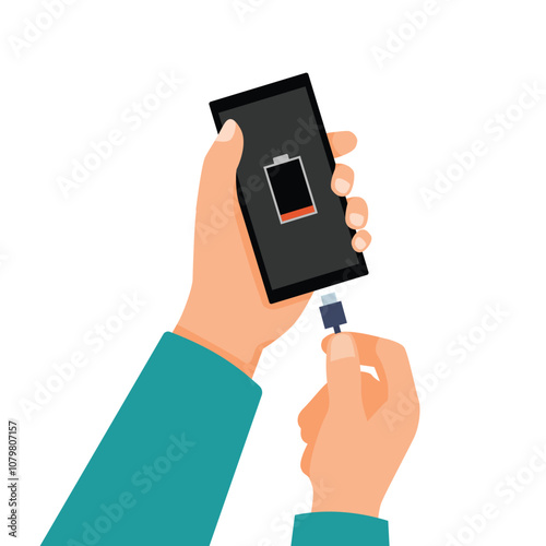 Hand charging smartphone with low battery level using USB cable port