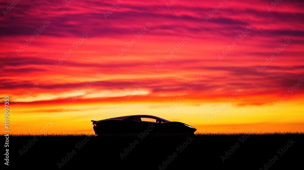 Fototapeta premium Silhouette of a car against a vibrant sunset sky