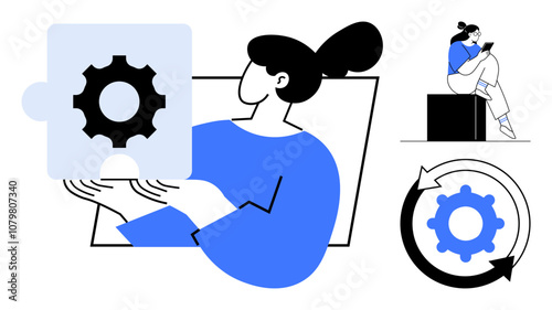 Woman holding puzzle piece with gear, woman sitting on box using phone, gear inside circular arrows. Ideal for teamwork, problem-solving, technology, efficiency, strategy productivity. Line metaphor