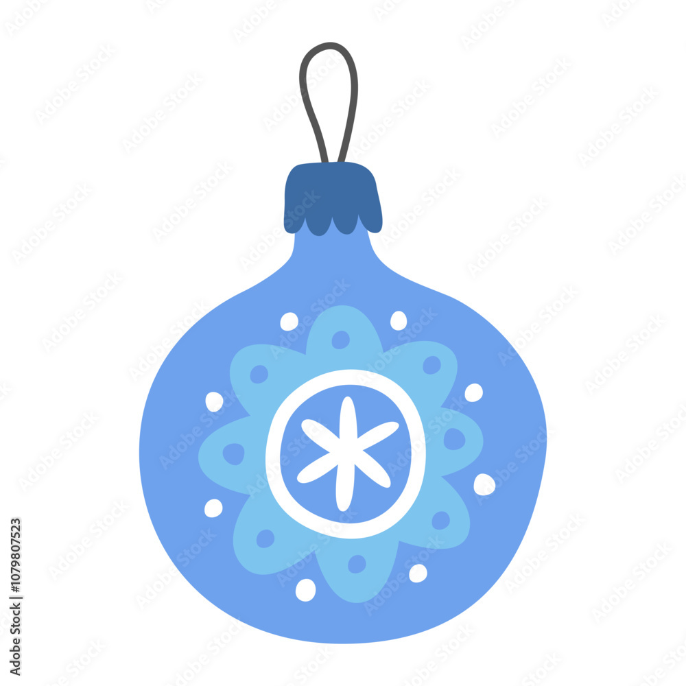 Fototapeta premium Blue christmas ball isolated on white. New Year's toy. Christmas tree decor. Cute cartoon illustration. 
