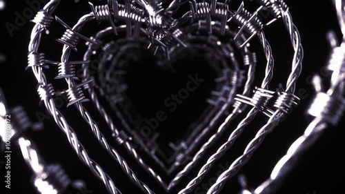 A dark, captivating video of intertwined barbed wire forming a heart shape, evoking themes of love and pain.
