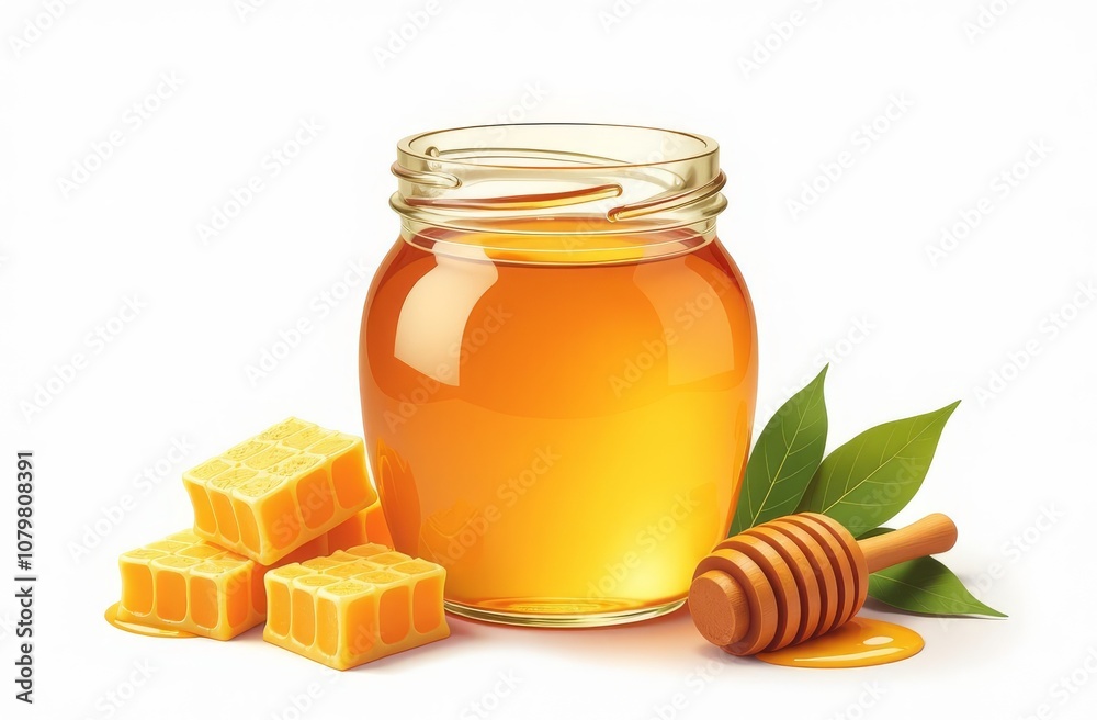 A jar of honey is on a table with a few cubes of honey on top A jar of honey is on a table with a few cubes of honey on top