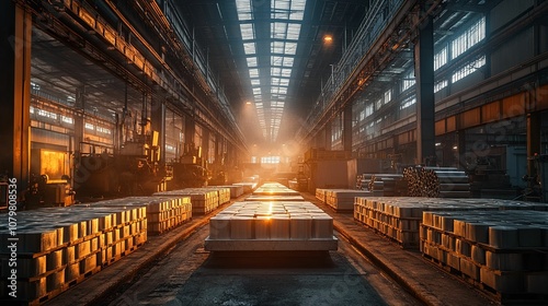 Industrial Interior with Pallets of Metal Sheets in a Factory