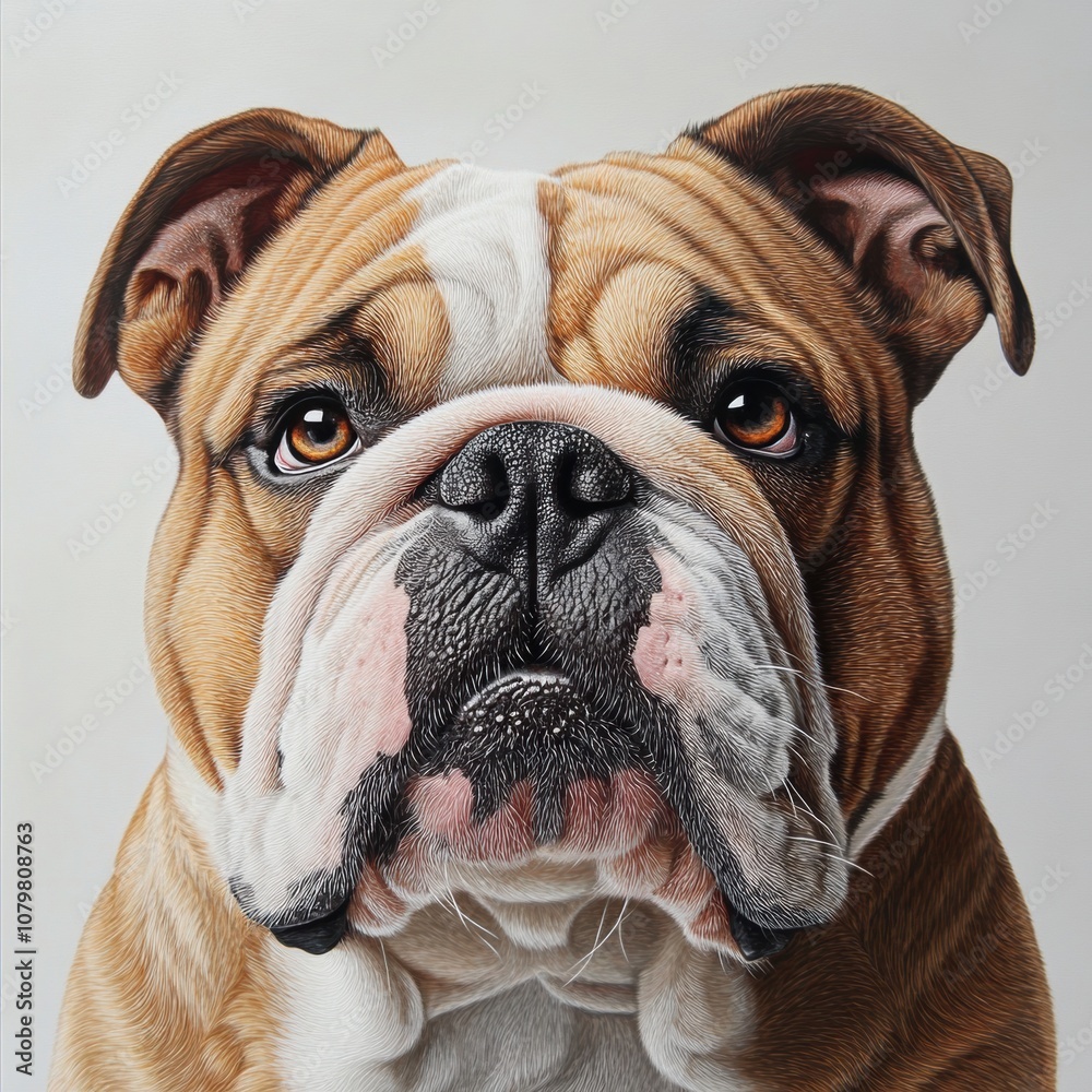 Fototapeta premium Realistic portrait of a bulldog showcasing its expressive features.