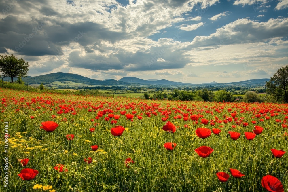 A field of red poppies with a view of rolling hills and a cloudy sky. A field of red poppies with a view of rolling hills and a cloudy sky.
