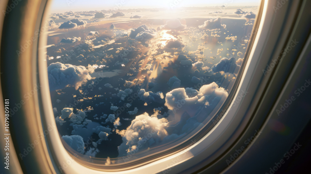 The view from the window of the plane at the clouds and the sun passing by. The sun is setting and the sky is overcast. Fly planes. Adventure and tourism The view from the window of the plane at the clouds and the sun passing by. The sun is setting and the sky is overcast. Fly planes. Adventure and tourism