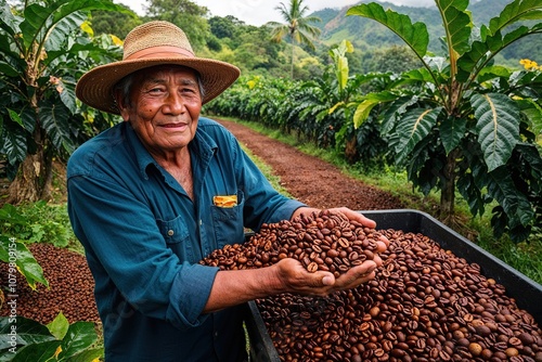 Elderly Farmer Collecting Coffee Beans on Central American Tropical Plantation photo