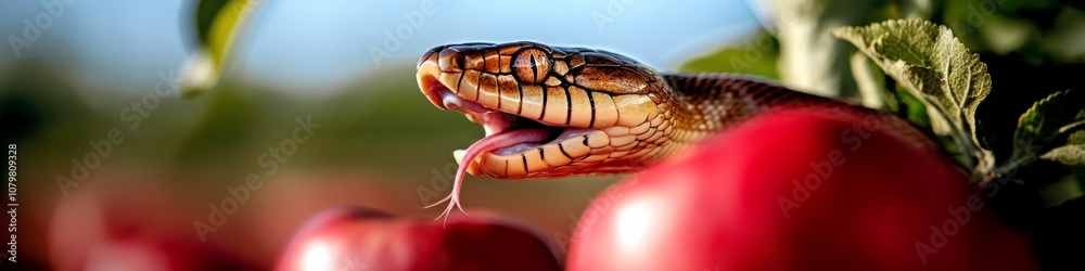 Fototapeta premium A snake curiously exploring a lush apple orchard during warm sunlight in early autumn