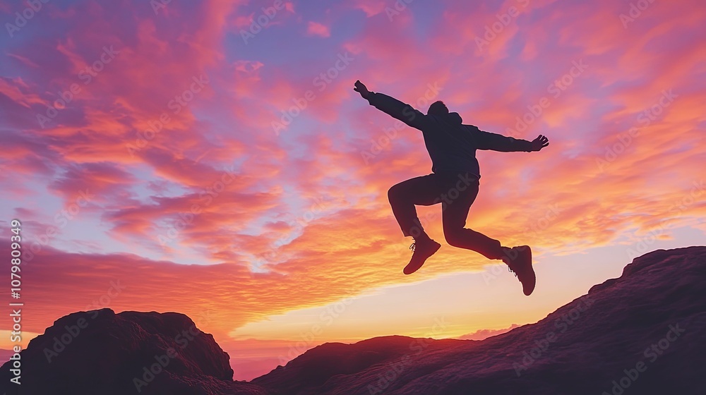 Silhouette of a Man Jumping Against a Vibrant Sunset Sky Silhouette of a Man Jumping Against a Vibrant Sunset Sky