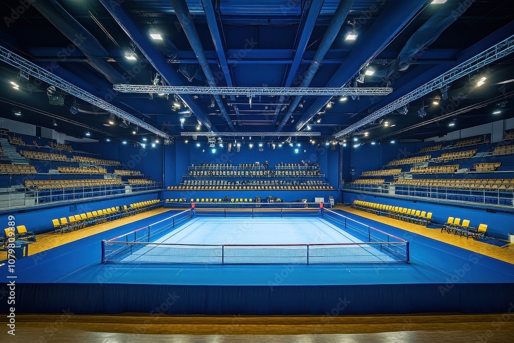 Fototapeta premium Empty indoor stadium with a blue floor. The image is perfect for representing indoor events, competitions, or sports.