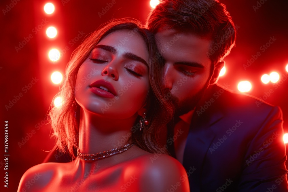 Portrait of a couple in love in classic clothes in the color of red lights Portrait of a couple in love in classic clothes in the color of red lights