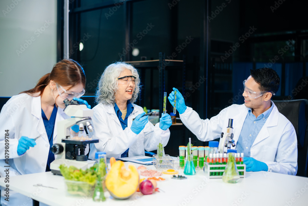 Team of scientists examining food samples in a lab with microscopes. Perfect for themes of food science, biotechnology, Team of scientists examining food samples in a lab with microscopes. Perfect for themes of food science, biotechnology,