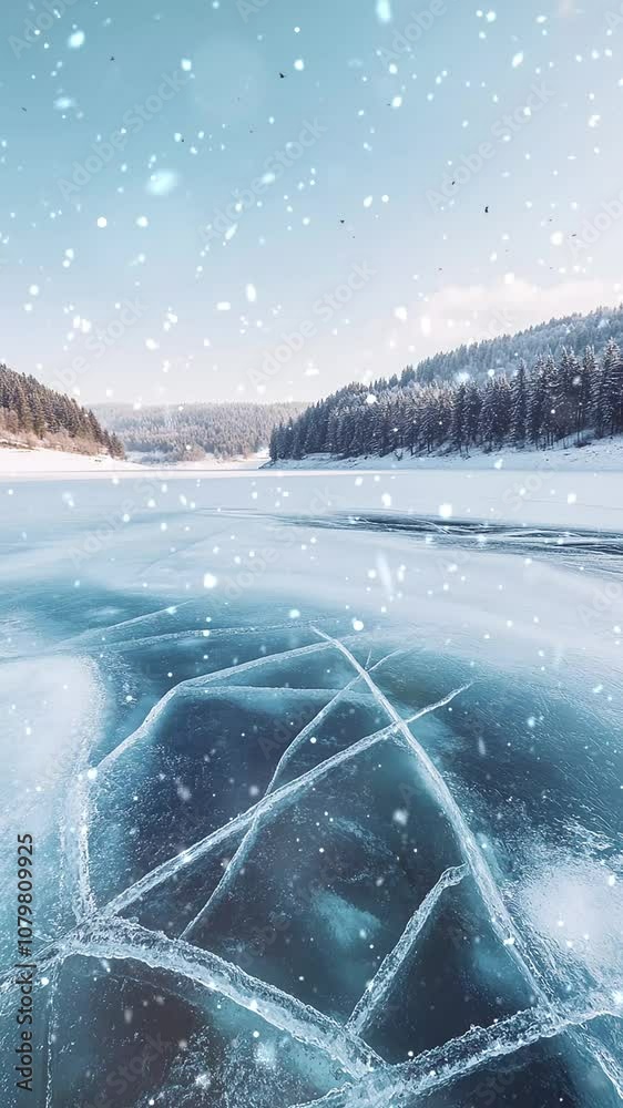 Frozen Lake With Cracks Surrounded by Snowy Forest Background. Seamless looping motion design. Video animation. A breathtaking view of a frozen lake with ice cracks, nestled within snow-covered forest Frozen Lake With Cracks Surrounded by Snowy Forest Background. Seamless looping motion design. Video animation. A breathtaking view of a frozen lake with ice cracks, nestled within snow-covered forest