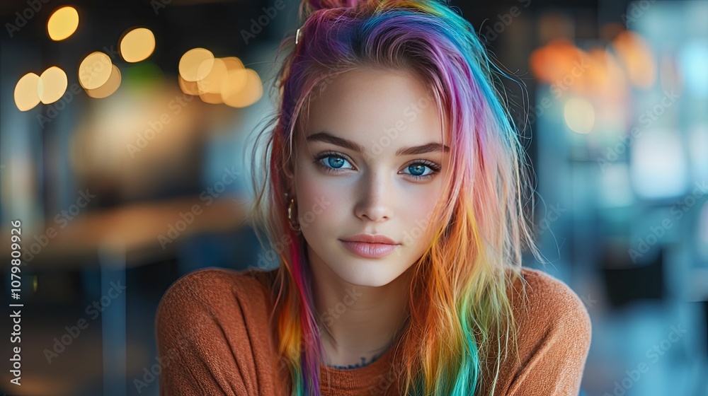Portrait of a Young Woman with Vibrant Rainbow Hair Portrait of a Young Woman with Vibrant Rainbow Hair