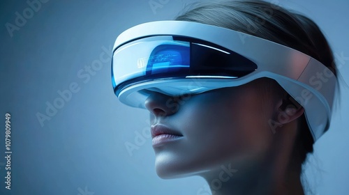 A woman wearing VR goggles, exploring a new digital world.