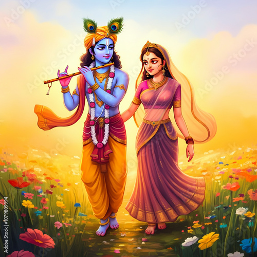 Lord Krishna and Radha walk...