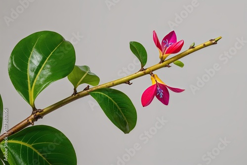 Vibrant Blooms on Lush Bent Rainforest Twigs against a Clear Background photo