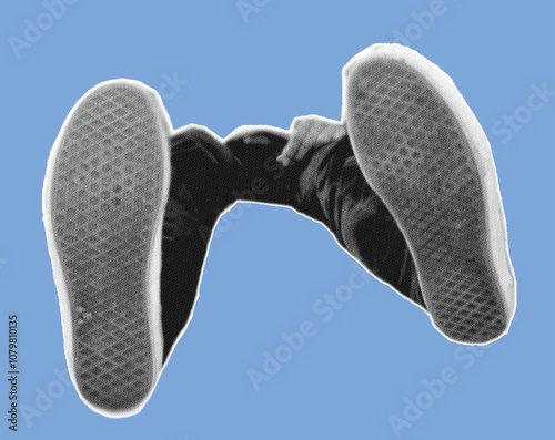 close up of out sole sneaker shoes pixelate color halftone dotted texture style collage element isolated on blue background