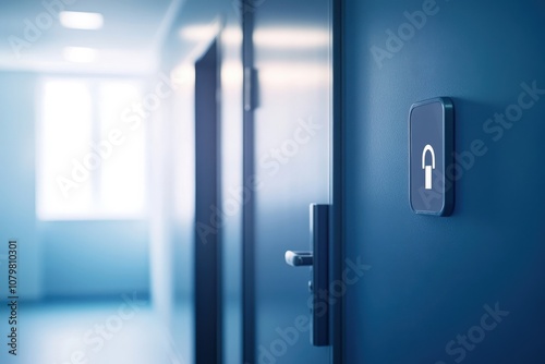 Close-up of a modern office door with a security access panel