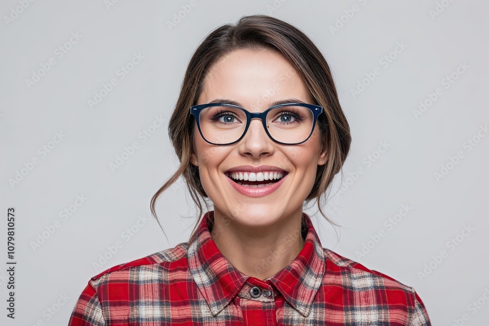 Joyful Woman Wearing Glasses Portrait on White Background Joyful Woman Wearing Glasses Portrait on White Background