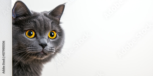 fluffy grey British Shorthair cat with bright yellow eyes peeks curiously from behind white wall, showcasing its playful and inquisitive nature