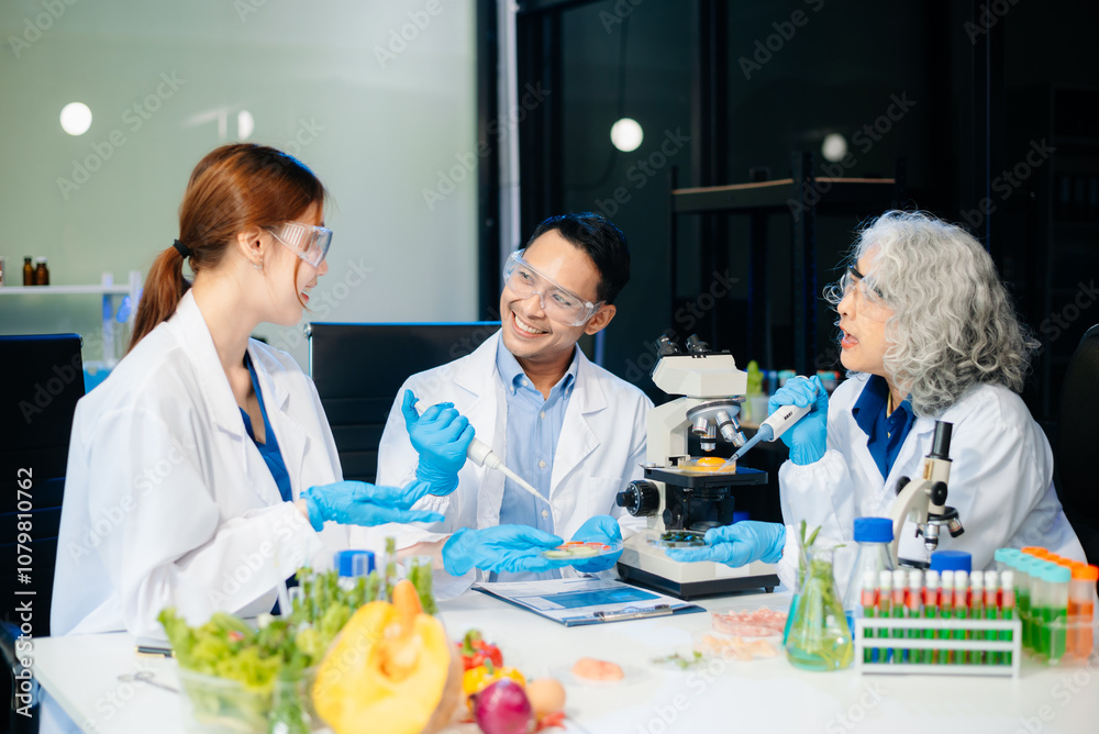 Team of scientists examining food samples in a lab with microscopes. Perfect for themes of food science, biotechnology,