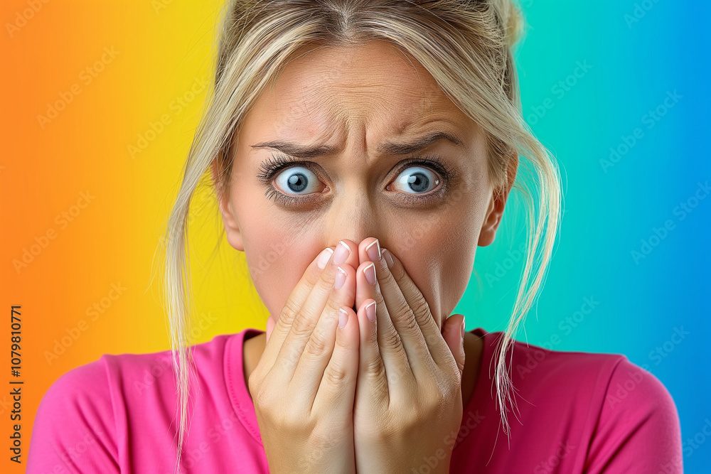 Surprised Young Woman with Wide Eyes and Hand Over Mouth on Colorful Background