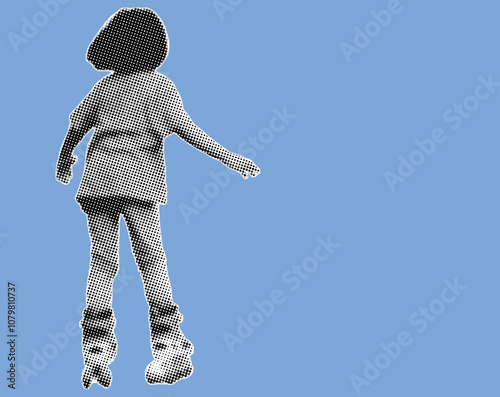 rear view of young girl playing roller skate pixelate color halftone dotted texture style collage element isolated on blue background
